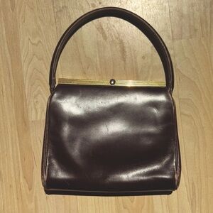 Bonwit Teller Frame Handbag Brown Calfskin Leather Gold Jewel VTG 50s